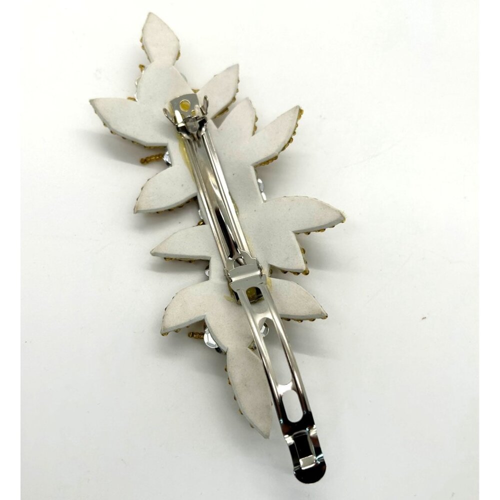Floral Hair Barrette Bridal Prom Formal Gold-Tone Beaded & Silvertone Sequin - Picture 7 of 10